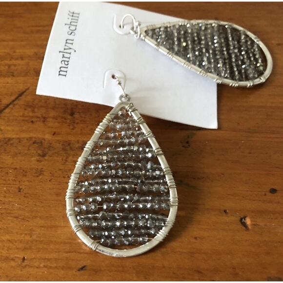 Marlyn Schiff Silver Teardrop Black Druzy Beads Dangle Drop Earrings Hook NWOT - Picture 4 of 10